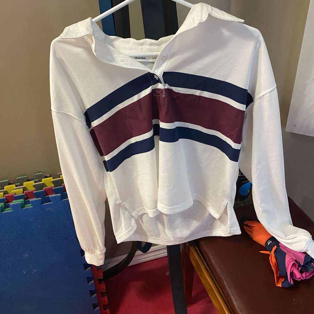 Bluenotes White Long Sleeve Tee with Maroon and Navy Stripes